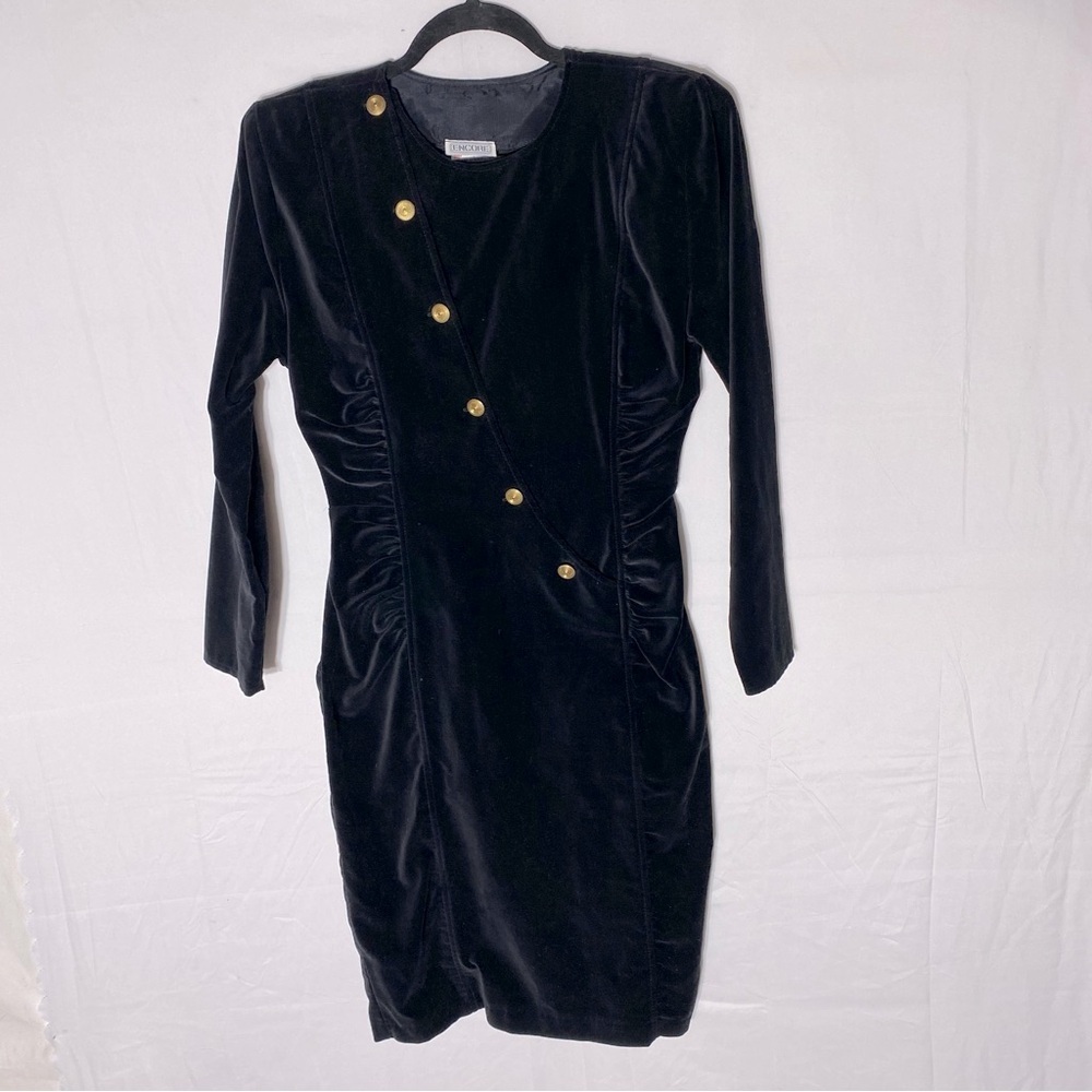 Vintage Encore Black Velvet Long Sleeve Bodycon Mini Dress With Shoulder Pads M - Picture 16 of 16